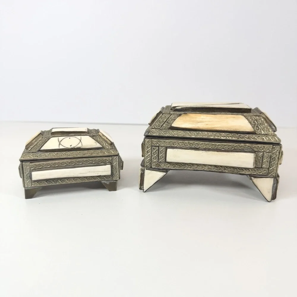 Antique Trinket Boxes Made Of Camel Bone And‎ Brass Set Of 2